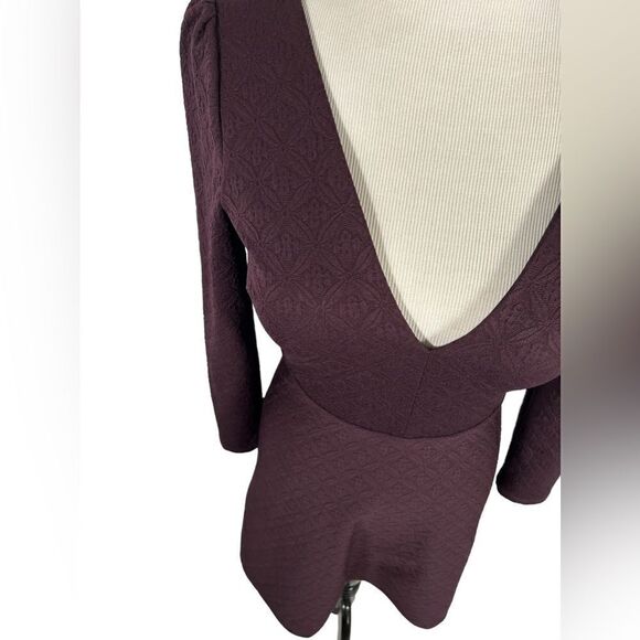 Cooperative Textured Plum Purple Long Sleeve Dress Deep V Neck A-Line Skater - Picture 5 of 9